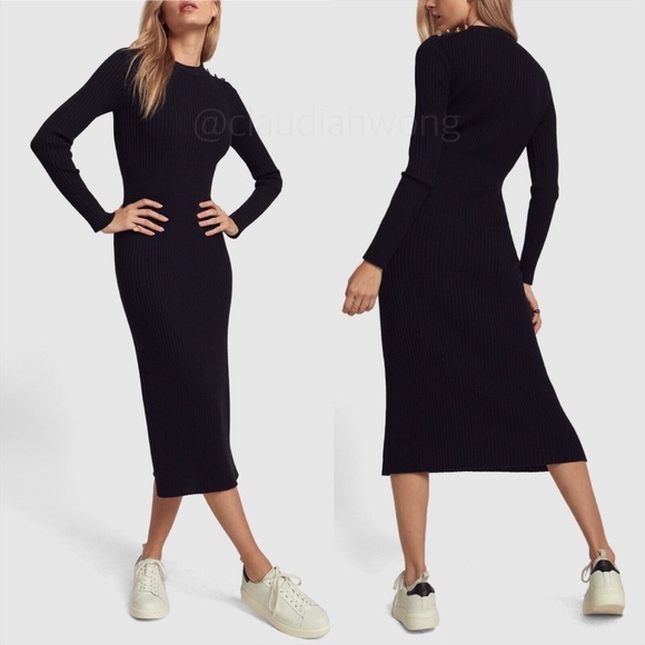 GWYN Rebecca Virgin Wool Rib Sweater Dress in Navy Blue - Picture 6 of 13